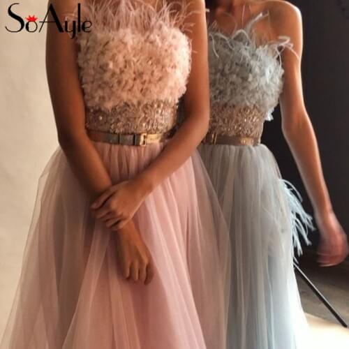 SoAyle Evening Dress Long 2019 Feathers Beading Prom Dresses A-line Sleeveless Appliques Birthday Prom Party Gown