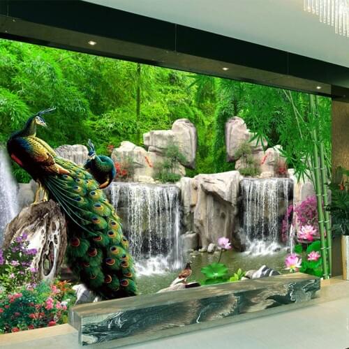3D Wallpaper Modern Bamboo Forest Falls Peacock Photo Wall Mural Living Room Bedroom Home Decor Wall Cloth Waterproof Wall Paper