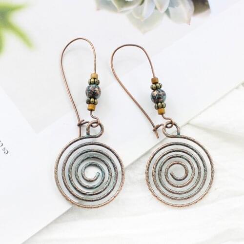 Bohemian Spiral Irregular Round Pendant Ear Hanging Retro Wooden Beads Stone National Earrings Women Charm Jewelry