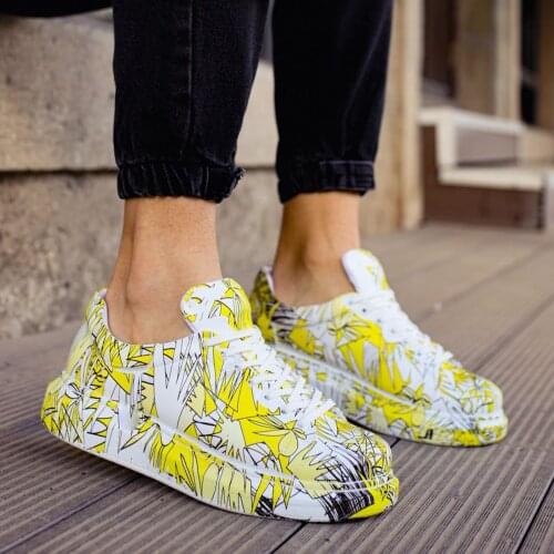 Chekich Mens & Womens Shoes White Yellow Patterned Non Leather Laces Colorful Printed Summer and Fall Seasons Unisex Sneakers Skate Best Friends Lightweight Casual High Sole School Brush Comfortable Office CH255 V10