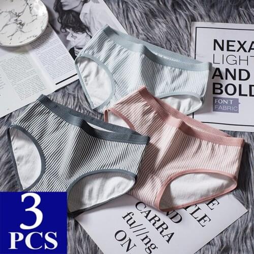 3pcs Sexy Women Underwear Cotton Fashion Briefs Panties Pink Mid Waistline Lingerie for Women Underpants Striped Femme Intimates