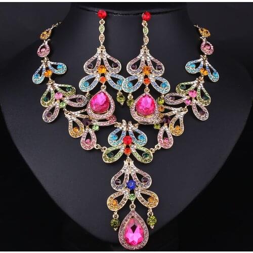 FARLENA African Beads Elegant Water Drop Shape Crystal Glass Necklace Earrings Set Bridal Wedding Prom Jewelry Sets