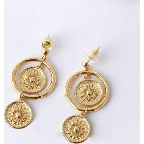 Circle Golden Hanging Earrings Round Sun Flower Embossed Coin Pendant Design 2021 Trendy Fashion Womens Jewelry Accessories
