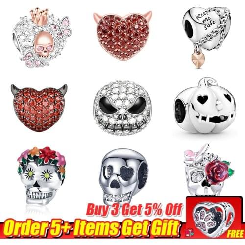 LaMenars New 925 Sterling Silver Jack Skull With Flower Black Fire Dragon Dangle Heart Charms for Pandora Bracelets & Necklace