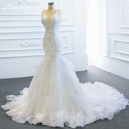 Lhuilier Elegant Womens V-Neck Lace Mermaid Wedding Dresses 2021 Sleeveless Floor Length Bridal Dress with Chapel Train