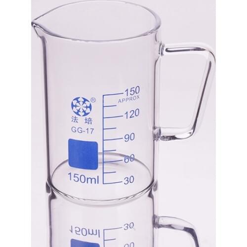 Beaker in low form with spout,With handle,Capacity 150ml,Outer diameter=60mm,Thickness=2.8mm,Height=87mm,Laboratory beaker