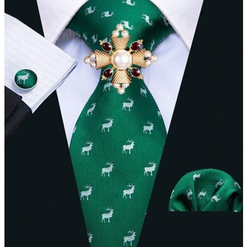 Arrival Mens Ties Mens Wedding Neckties Hanky Cufflinks Brooch Set Business Silk Men Tie Barry.Wang 2020 New Deer Pattern Green