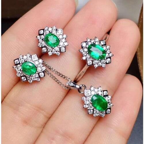 Real Natural Emerald jewelry set Natural Real Emerald 925 sterling silver 1pc pendant,1pc ring,2pcs Earring