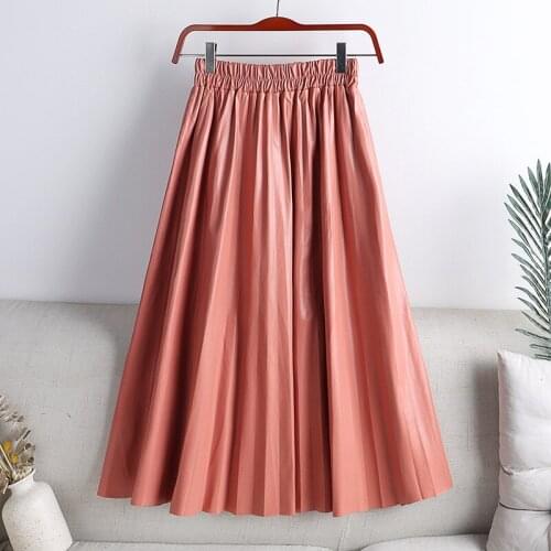 New Pleated Skirts for Women Autumn Winter Pu Leather A Line Skirt Women Fashion Pink Basic All-match Midi Skirt Faldas Mujer