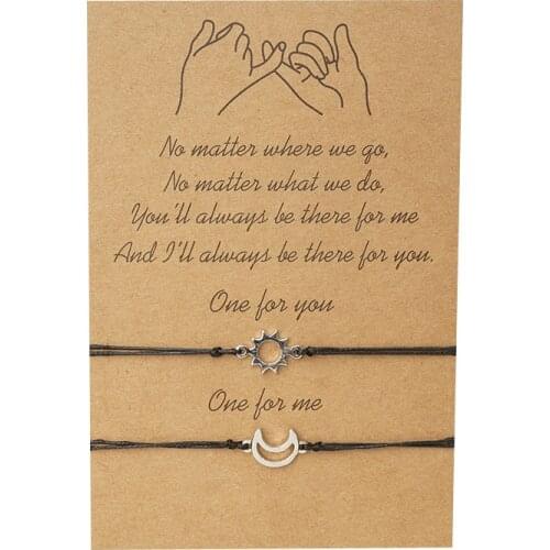 Boho Sun&Moon Charm Bracelets For Women Men Handmade Braided Black Wax Rope Bracelet Silver Color Pinky Promise Card Bracelet