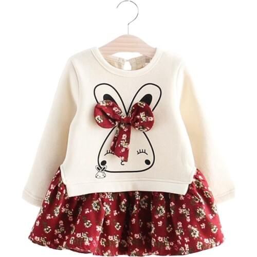 Long Sleeve Girls Dress 2020 New Flower Rabbit Baby Children Princess Dresses Casual Thick Warm Kids Clothes Toddler Costume