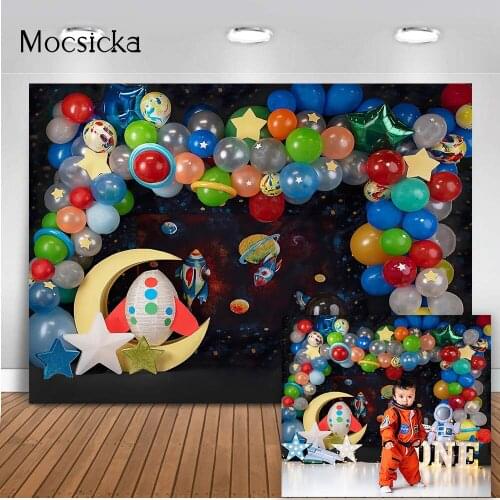 Adventure Space Birthday Balloons Backdrop for Photography Newborn Baby Kids Portrait Background for Photo Props Cosmic Rocket
