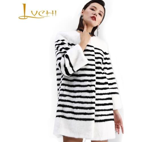 LVCHI Winter 2019 Natural Real Mink Fur Coat Womens Three Quarter O-Neck Mink Coat White Black Striped Loss Medium Mink Coats