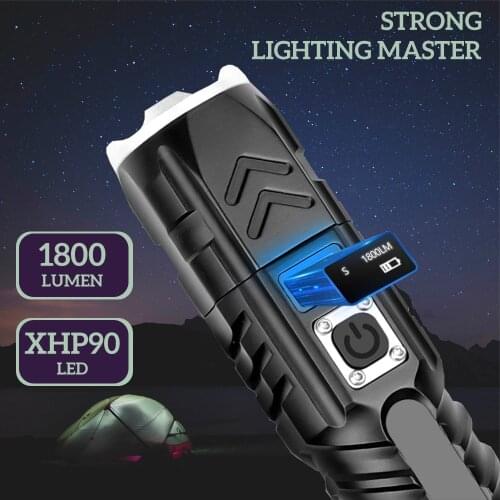 XHP90 Tactical Flashlight High Power 1800LM Flashlight USB Rechargeable Zoom Torch Waterproof Light for Camping Outdoor Lanterna