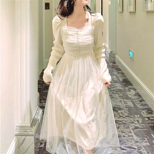 Knit One Piece Dress Korea 2021 Spring Lace Elegant Dress Ladies Long Sleeve Square Collar Slim Fairy Office Vintage Dress Women