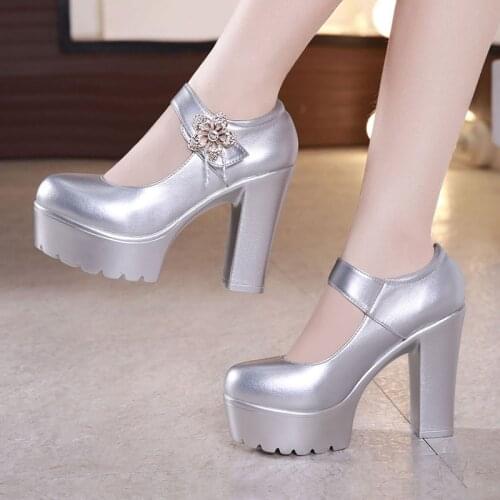 Block Heels Big Size 32-43 Platform Pumps Women Wedding Shoes Bride Rhinestone 2021 Super High Heel Office Shoes Leather