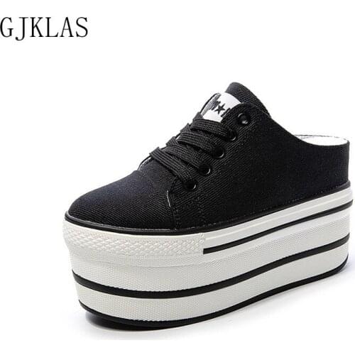 Wedges Heels Platform Canvas Shoes Woman Slippers Black White Ladies Shoes Chunky Sneakers Women Shoes Casual Half Slippers