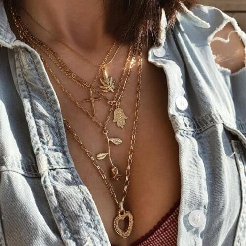 Bohemian Vintage Gold Leaf Rose Flower Cross Heart Pendant Necklace for Women Multilayered Necklace Party Jewelry Accessories
