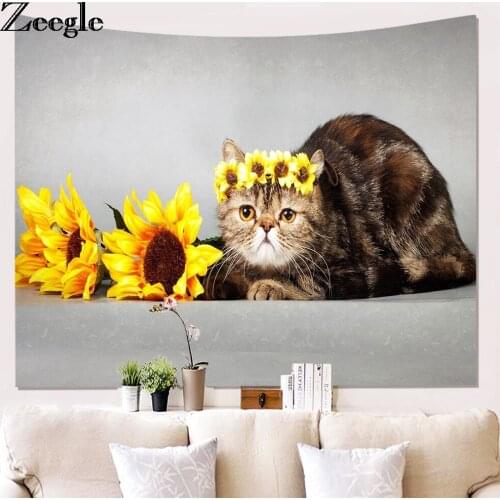 Zeegle Cat Pattern Wall Hanging Tapestry Wall Gobelin Polyester Tapestry Fabric Living Room Decor Wall Carpet Soft Mat For Beach