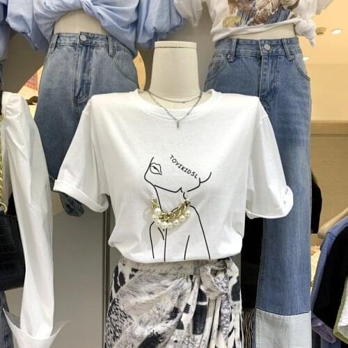 2021 Summer New Beaded Simple and Thin Versatile Design Short-Sleeved T-shirt Womens Printed Top Ins Fashion