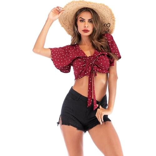 Fashion bat Sleeve short blouse women Open-Noire Pleated Polka Dot tops and blouse 2019 Casual Summer V-neck Chiffon Shirt