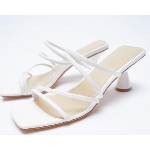 ZAR 2021 Summer New White One Word With Fashion Square Toe High Heels Sexy Stiletto Muller Sandals And Slippers Women Luxury