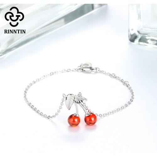 Rinntin 925 Sterling Silver Women Bracelets 100% Original Design Red Garnet Cherry Shape Charm Bracelet Fine Jewelry TSB35