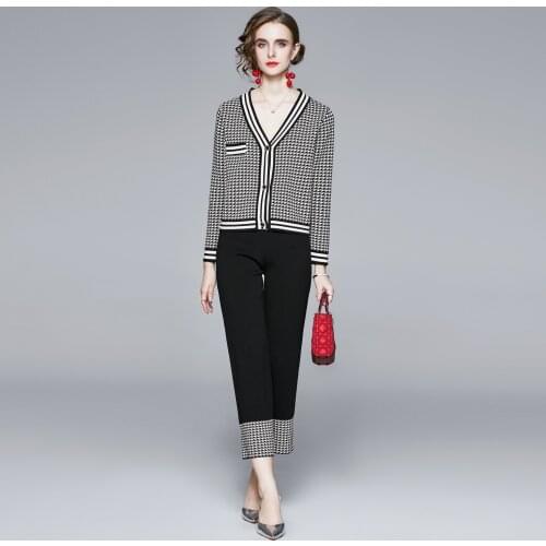 Autumn Winter Two Piece Set Women V-neck Houndstooth Knitted Patchwork Long Sleeve Cardigan+Wide Leg Elastic Waist Pants Suits