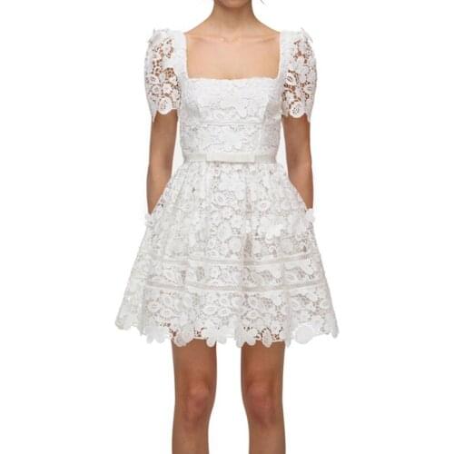 New Summer Elegant White Hollow Out Lace Dresses for Women 2021 Korean Fashion Short Sleeve A-line Mini Dress Vestidos