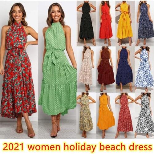 Ladies Elegant Halter Floral Dot Sleeveless Maxi Dress Casual Belt Lace Up Ruffles 2021 Summer Holiday Long Beach Dresses Robe