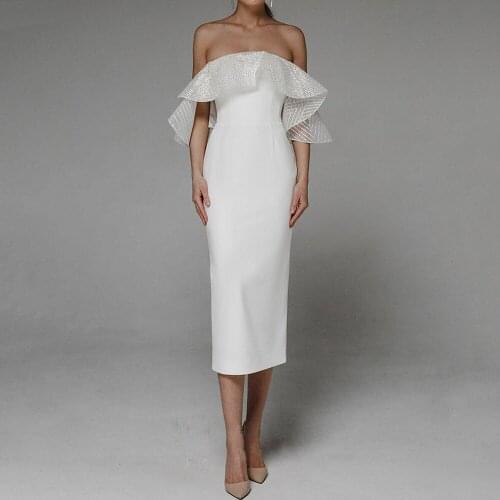 Simple Reception Bridal Dress Sheath Ruffles Strapless Lace Up Vestido De Novia Wedding Gown Back Slit Vintage Tea Length