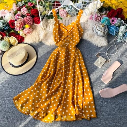 Retro Women Party Dress New 2020 Summer Kleid Sexy V Neck Dot Print Backless Bandage Bodycon Dress Elegant Ladies Yellow Robe