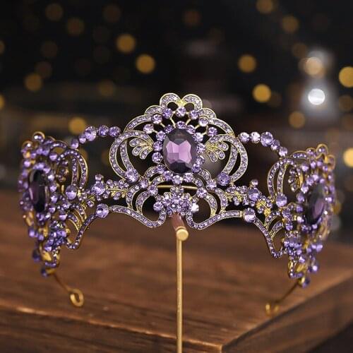 Oversize Vintage Bronze Plated Rhinestone Bridal Tiara Wedding Hair Accessory Purple Crystal Pageant Crowns Wedding Tiaras
