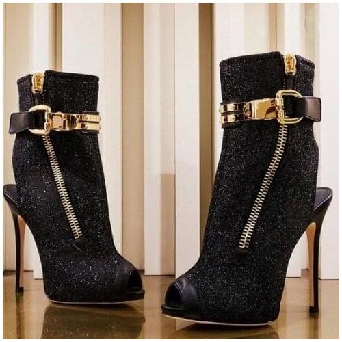Fashion Woman Black Sequins Gold Metal Buckle Peep Toe Ankle Boots 120 mm Stiletto Heels Slingback Zipper Sexy Short Boots Shoes