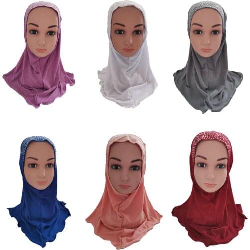 Girls Kids Muslim Hijab Islamic Arab Scarf Shawls Headscarf Amira Cap Arab Hat Rhinestone Headwear Niquabs Neck Cover Hijabs New
