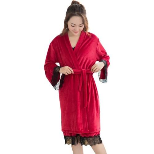 Home pajamas dress flannel nightdress women autumn winter sexy long-sleeve cardigan lace warm simple kimono nightgown robe