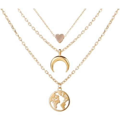 Exquisite little peach heart world map moon multi-layer combination pendant necklace fashion female banquet birthday gift