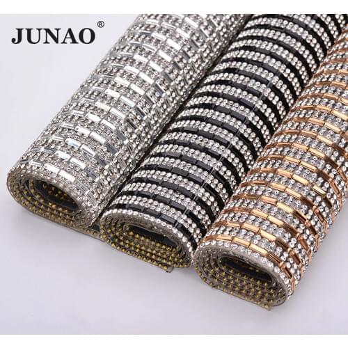 JUNAO 24*40cm Clear Black Hotfix Glass Rhinestone Mesh Trim Crystal Fabric Sheet Strass Ribbon Clothes Applique Jewelry Crafts
