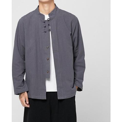 Chinese Style Mens Tops Tang Suit Linen Long Sleeve Traditional Wu Tang Kung Fu China Style Hanfu Shirt Plus Size M-5XL CN-155
