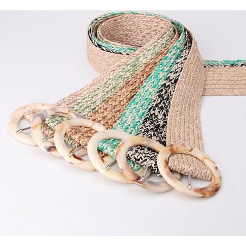 New 106*6cm Ladies Simple Imitation Straw Woven Wide Knitted Belt Resin Buckle Waistband Women Waist Band