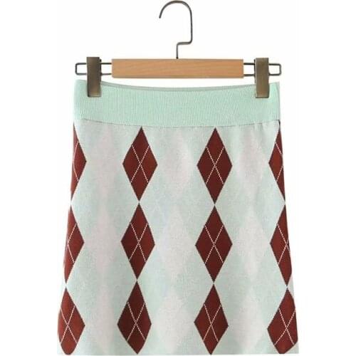 Europe United States 2021 Autumn Bag Hip Skirt Diamond Plaid Print Elastic Waist Knitted Skirt