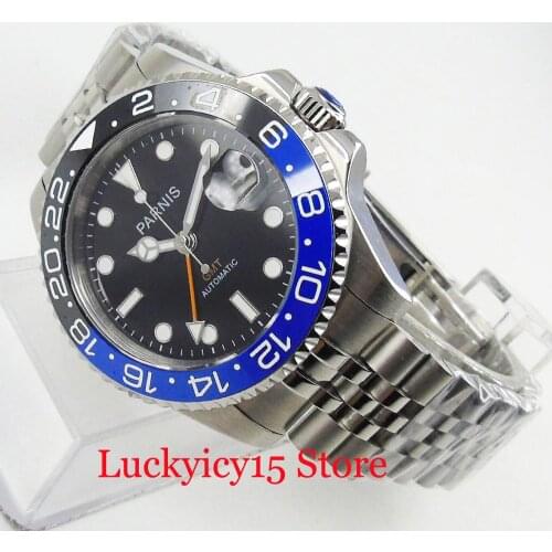 PARNIS 40mm Blue And Black Rotating Bezel Sapphire Glass With Date Magnifier Mental Bracelet GMT Adjustment