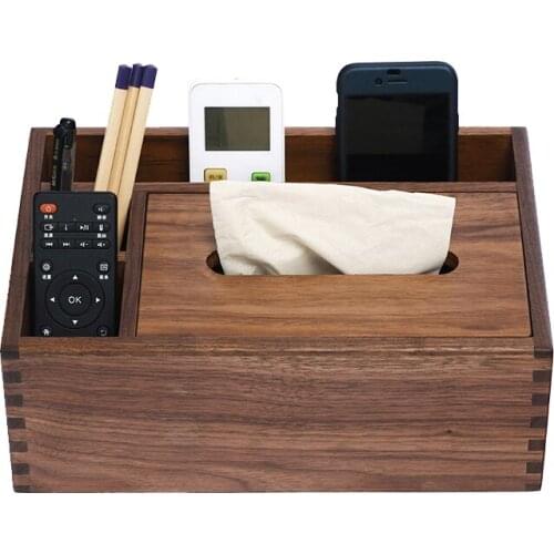 Pastoral retro multi-function black walnut tissue box remote control storage box Unique handmade wooden home storage