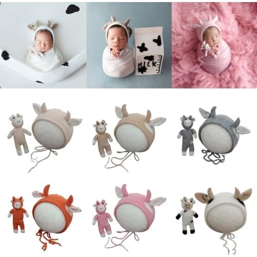2 Pcs Baby Knitting Cow Hat Animal Doll Set Handmade Crochet Mohair Beanies Newborn Photography Props Bonnet Infants Photo
