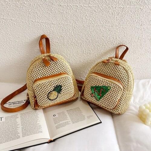 Preppy Style Women Straw Woven Patchwork Crossbody Bag Casual Ladies Small Backpack Knapsacks