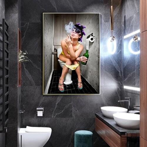 Modern toilet sexy woman canvas painting engraving bar girl smoking and drinking bathroom wall art picture poster decoration