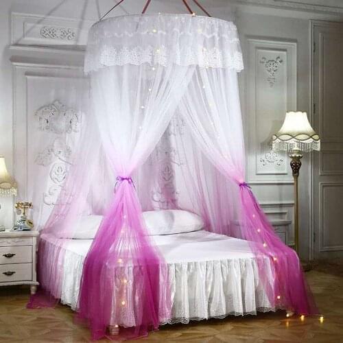 Three-door Hung Dome Mosquito Net Palace Ceiling Hanging Bed Valance Gradient Princess Lace Mosquito Net with LED Light
