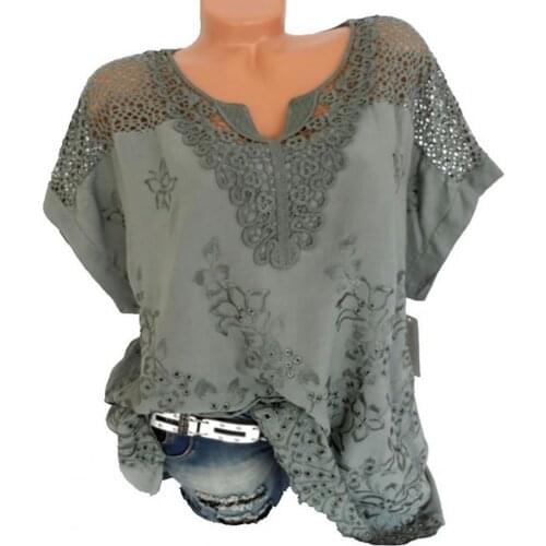 Short SleeveSolid Color Trendy V Neck Women T-shirt Soft Lace Crochet Hollow Summer Blouse Pullover Top