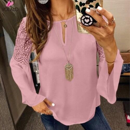 Lace Stitching Horn Sleeve Long Sleeve Chiffon Shirt Lady Blouse Ladies Girl Women Hollow Casual Chiffon Blouse Tops