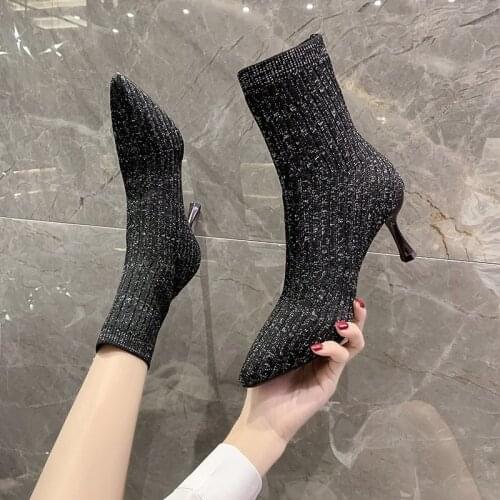 New Womens Shoes Stretch Fabric Sock Boots Autumn Winter Mid-calf Boots Sexy Ladies Thin High Heels Pointed Toe Female Pumps